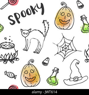 Halloween doodle seamless pattern. Disegnata a mano con illustrazione acquerello texture. Foto Stock