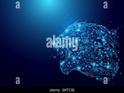 Poligono di bassa testa Leone mesh wireframe su sfondo blu Illustrazione Vettoriale