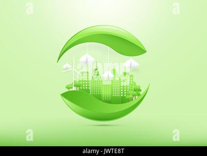 Concetto di ecologia con città verde e alberi. paper art design di stile Illustrazione Vettoriale