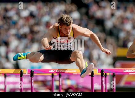 Londra, Grossbritannien. 12 Ago, 2017. Rico FREIMUTH, Deutschland, Aktion, 110m Huerden Zehnkampf, am 12.08.2017 Leichtathletik Weltmeisterschaft 2017 a Londra/ Grossbritannien vom 04.08. - 13.08.2017. | Verwendung weltweit Credito: dpa/Alamy Live News Foto Stock