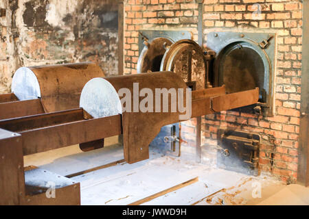 Un cosiddetto doppio forno a muffola realizzato dalla ditta Topf da Erfurt, Germania, è in piedi nel crematorio 1 nell'ex campo di concentramento di Auschwitz in Oświęcim, Polonia, 26 giugno 2017. La grande organizzazione paramilitare nella Germania nazista, SS (Schutzstaffel, lit. "Protezione squadrone"), ha eseguito la concentrazione e la morte camp tra 1940 e 1945. Circa 1,1 a 1,5 milioni di persone, la maggior parte di loro ebrei, sono stati uccisi nel campo e i suoi satelliti. Auschwitz si erge come simbolo per i paesi industrializzati e omicidi di massa e l Olocausto nazista in Germania. Foto: Jan Woitas/dpa-Zentralbild/ Foto Stock