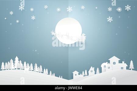 Merry Christmas background. Babbo Natale in volo in una slitta con le renne sulla luna sulla campagna città. Arte di carta e origami style design Illustrazione Vettoriale