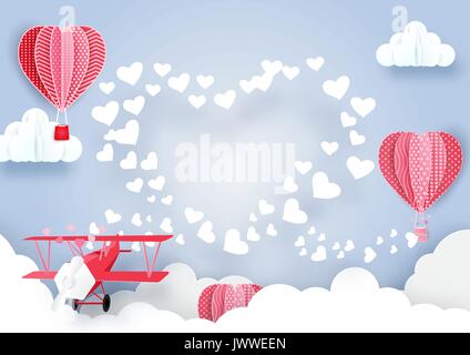 Aereo volare sopra le nuvole di fumo e di cuori forma con graziosi i palloni ad aria calda dello sfondo. Carta stile arte Illustrazione Vettoriale