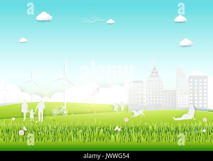 Concetto di ecologia con città verde e alberi. paper art design di stile Illustrazione Vettoriale