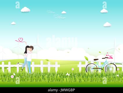 La carta tecnica, Giovane con bicicletta in giardino amore romantico concetto. Il giorno di San Valentino sfondo Illustrazione Vettoriale