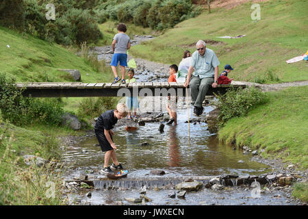 I bambini che giocano nel flusso a cardatura Mill Valley in Shropshire Foto Stock