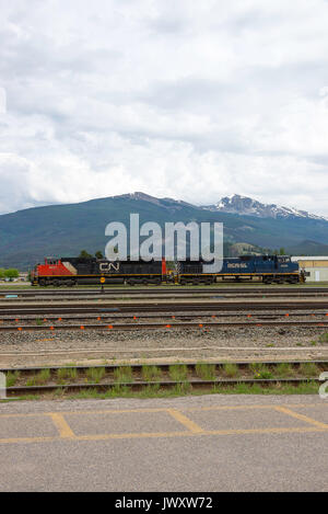 Un Canadian National e BC Rail Diesel Locomotive ferroviarie parcheggiato in una schierandosi a Jasper Stazione ferroviaria Alberta Canada Foto Stock