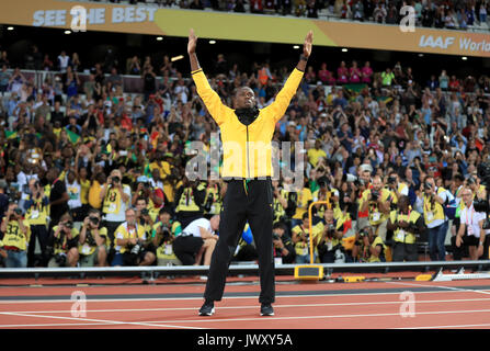 La Giamaica Usain Bolt sul suo giro d'onore durante il giorno dieci del 2017 IAAF Campionati del mondo presso il London Stadium. Stampa foto di associazione. Picture Data: domenica 13 agosto, 2017. Vedere PA storia mondiale di atletica. Foto di credito dovrebbe leggere: Adam Davy/filo PA. Restrizioni: solo uso editoriale. Nessuna trasmissione di suoni o immagini in movimento e nessun video di simulazione. Foto Stock