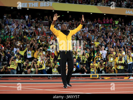 L'Usain della Giamaica si è imbullonato sul suo giro d'onore durante il giorno 10 dei Campionati del mondo IAAF 2017 allo stadio di Londra. PREMERE ASSOCIAZIONE foto. Data immagine: Domenica 13 agosto 2017. Scopri la storia DI PA ATHLETICS World. Il credito fotografico dovrebbe essere: Adam Davy/PA Wire. Foto Stock