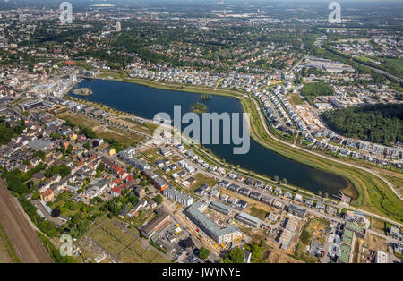 Lago di Phoenix Dortmund con castello orda, nuovo sviluppo sul lago, con le isole del lago, castello Hörder, sito di un ex mulino di acciaio, Dortmund, Foto Stock