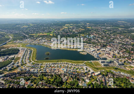 Lago di Phoenix Dortmund con castello orda, nuovo sviluppo sul lago, con le isole del lago, castello Hörder, sito di un ex mulino di acciaio, Dortmund, Foto Stock