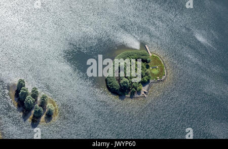 Lago di Phoenix Dortmund con castello orda, nuovo sviluppo sul lago, con le isole del lago, castello Hörder, sito di un ex mulino di acciaio, Dortmund, Foto Stock