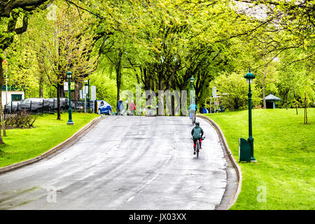 La città di Quebec, Canada - 30 Maggio 2017: la gente in bici su strada di plaines d'Abramo dal Grande Allee in mattinata durante il giorno di pioggia Foto Stock