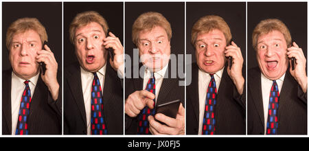 Collage di immagini di successo di un uomo anziano con emozioni diverse Foto Stock