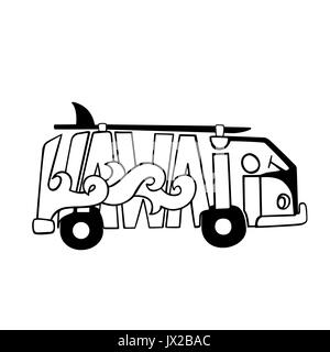 Bianco e nero Hawaii surf stampa. Handdrawn lettering con un minivan. Bus vettore illustrazione. Illustrazione Vettoriale