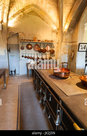 Cucina nel castello di Le Lude, Sarthe, Pays de la Loire, Francia Foto Stock