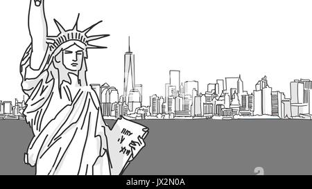 Lady Liberty disegno vettoriale e New York skyline della città, handdrawn Panorama schizzo in formato orizzontale Illustrazione Vettoriale