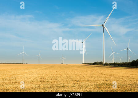 Mulini a vento per la produzione di energia elettrica. Wind turbines farm. Wild mulino in campo con il blu del cielo. Potenza ed energia. Foto Stock