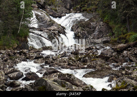 Water flowing through rocks. A small waterfall in the mountains in the woods. Little river in Quebec, Canada Foto Stock