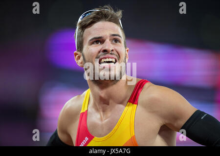 Londra, Regno Unito. 13 Ago, 2017. Oscar Husillos della Spagna dopo l'uomo 4x400 metri 5 relè posto finale nel finale durante la giornata conclusiva della IAAF mondiale di atletica (giorno 10) presso il parco olimpico di Londra, Inghilterra il 13 agosto 2017. Foto di Andy Rowland/prime immagini multimediali. Credito: Andrew Rowland/Alamy Live News Foto Stock