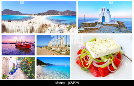 Grecia collage - elafonisos island, SIFNOS, tramonto barca, Capo Sounion, Itaca, insalata greca Foto Stock