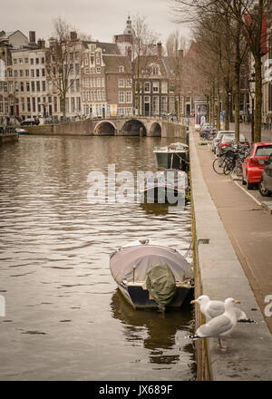 Canali di Amsterdam (Paesi Bassi). Marzo 2015. Formato verticale. Foto Stock