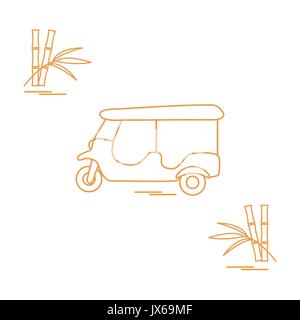 Icona stilizzata di tuk-tuk e bambù. Taxi tradizionali in Thailandia, India. Design per banner, poster o di stampa. Illustrazione Vettoriale