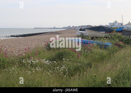 Pevensey Bay Beach verso il Sandcastle East Sussex Foto Stock