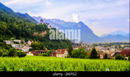 Vaduz città, vista panoramica della capitale del Liechtenstein con il castello di Vaduz, alpi, Europa Foto Stock