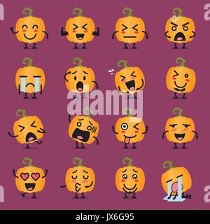 Zucca di Halloween gli Emoji set. Funny cartoon emoticon Illustrazione Vettoriale