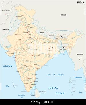 India road map con le principali città Illustrazione Vettoriale