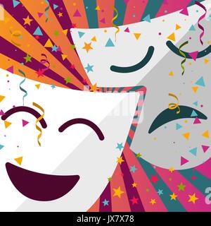 Maschere di Carnevale con coriandoli stelle e stelle filanti su sfondo colorato Illustrazione Vettoriale