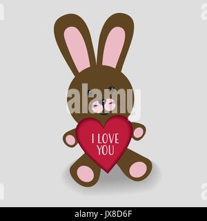 Coniglietto rosa con cuore ti amo illustrazione e una piccola ombra su sfondo grigio Illustrazione Vettoriale