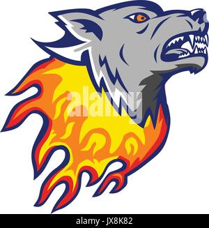 Illustrazione di un arrabbiato flaming testa di lupo sul fuoco visto dal lato su sfondo isolato fatto in stile retrò. Illustrazione Vettoriale