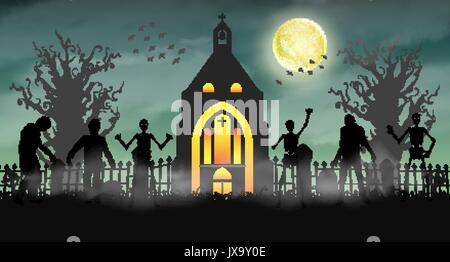 Scary Halloween zombie nel cimitero con la chiesa Illustrazione Vettoriale