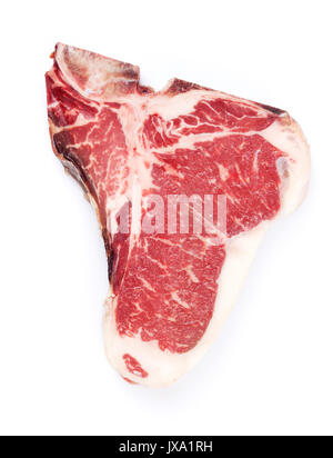 Materie T-bone steak. Isolato su sfondo bianco. Vista superiore Foto Stock