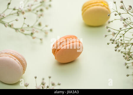 Il dessert. Dolce macarons o amaretti con fiori. Foto Stock