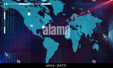 Impressionante 3D illustrazione della luce blu del mondo mappa Internet shot aslant con un sacco di colonne di bit da uno e zero numeri, due piccole compass Foto Stock