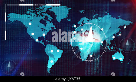 Il futuristico 3D rendering della luce blu del mondo Internet atlas shot aslant con un sacco di colonne di bit da uno e zero numeri, orologi bianco, due Foto Stock