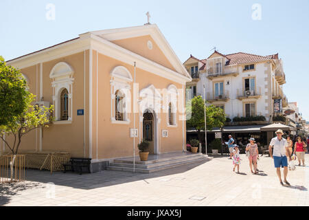 Primo piano della Chiesa di San Spiridione Una chiesa ortodossa greca ad Argostoli, Cefalonia, Grecia Foto Stock