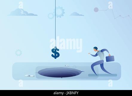 Business man eseguire a Dollar Sign rientranti nel foro delle finanze Concetto di crisi Illustrazione Vettoriale