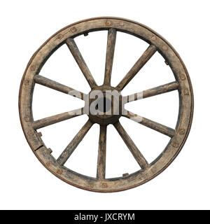 Oggetti isolati: uno molto vecchio carro in legno ruota su sfondo bianco Foto Stock