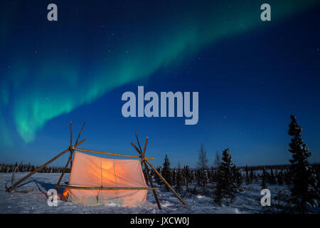 Nightsky e cacciatori tenda illuminata con aurora boreale, Northern Lights, wapusk national park, Manitoba, Canada. Foto Stock