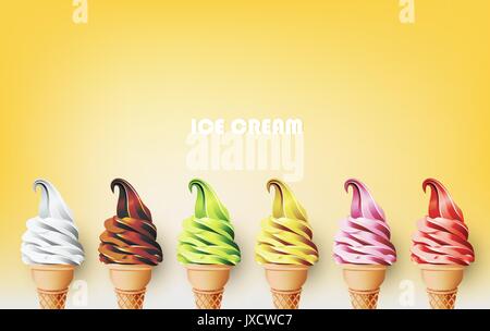 Coloratissimo Gelato in cono, diversi sapori di frutta, illustrazione vettoriale Illustrazione Vettoriale