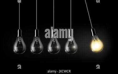 Luce incandescente lampadina è tra un sacco di spento lampadine su sfondo blu scuro , concetto idea, moto perpetuo concetto, un' analogia con il Newton Illustrazione Vettoriale