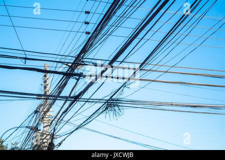 Mazzetto di Fili elettrici sul palo sullo sfondo del cielo Foto Stock
