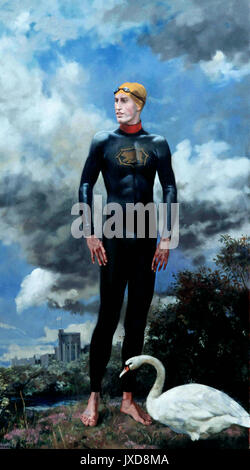 André durand l'allegoria, windsor triatleta, raffigura il giovane principe William vestito in un snugg muta, come se egli ha appena emerso dal Tamigi, allude a un weekend di triathlon svoltasi presso il porto di gallese di fishguard nel luglio del 1999 la città fu completamente occupate con la notizia che William che è stato selezionato come parte di un team di tre persone a unirsi a trecento altri, aveva appena completato la prima gamba per il suo Eton College team relè. in Windsor triatleta erede al trono è raffigurato come un potente nuotatore indipendente alto e orgoglioso; dai suoi piedi un cigno reale e sullo sfondo le torrette del Castello di Windsor. Foto Stock