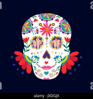 Il giorno dei morti il teschio di zucchero donna illustrazione per la celebrazione messicano, tradizionale dello scheletro del Messico decorazioni con fiori colorati e arte. EPS10 ve Illustrazione Vettoriale