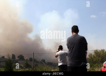 Kalamos, Grecia. 15 Agosto, 2017. La popolazione locale si radunano vicino al sito di incendi forestali nei pressi del villaggio di Kalamos, a nord di Atene, Grecia, il 15 agosto 2017. La Grecia ha chiesto la protezione civile europea di assistenza su Martedì per contribuire a combattere gli incendi boschivi che infuria nei pressi di Atene, un portavoce del servizio antincendio, Stavroula Malliri ha detto a un briefing con la stampa. (Xinhua/Sotiris Dimitropoulos) Credito: Xinhua/Alamy Live News Foto Stock