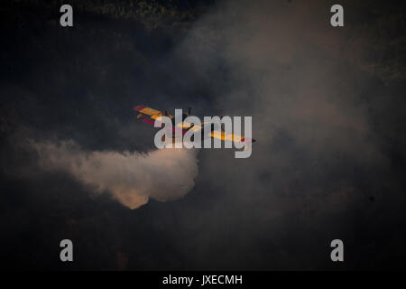 Kalamos, Grecia. 15 Agosto, 2017. Un piano tenta di estinguere gli incendi boschivi nei pressi del villaggio di Kalamos, a nord di Atene, Grecia, il 15 agosto 2017. La Grecia ha chiesto la protezione civile europea di assistenza su Martedì per contribuire a combattere gli incendi boschivi che infuria nei pressi di Atene, un portavoce del servizio antincendio, Stavroula Malliri ha detto a un briefing con la stampa. Credito: Xinhua/Alamy Live News Foto Stock